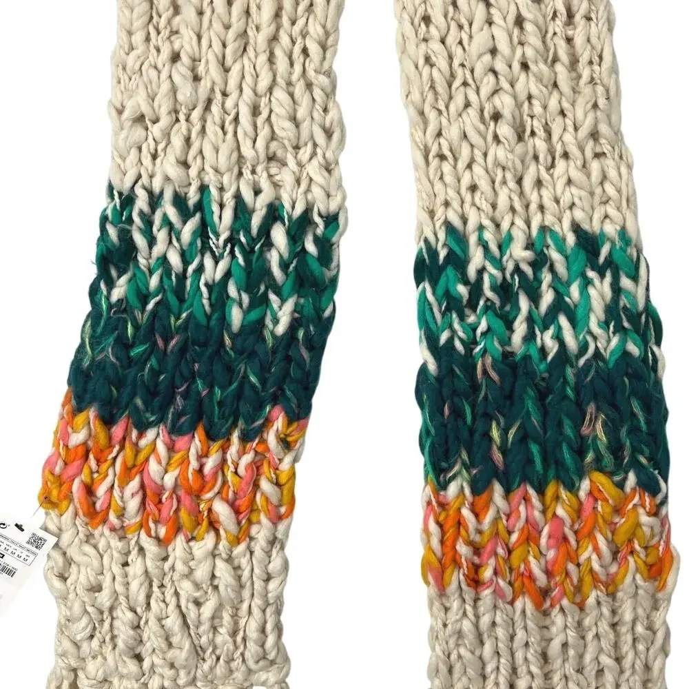 NEW Zara Cream Green Orange Crochet Chunky Knit Fringe Hem Boho Neck Scarf Sz M